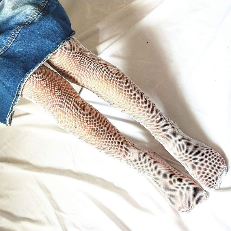 Looching Little Girls Thin Rhinestone Fishnet Sparkle Tights Toddler Kids Glitter Stockings Footed Net Leggings Pantyhose(White,10-16T) - Image 5